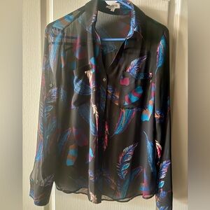 Express Sheer Portofino Button up Blouse with  Feather Print. Size- Medium